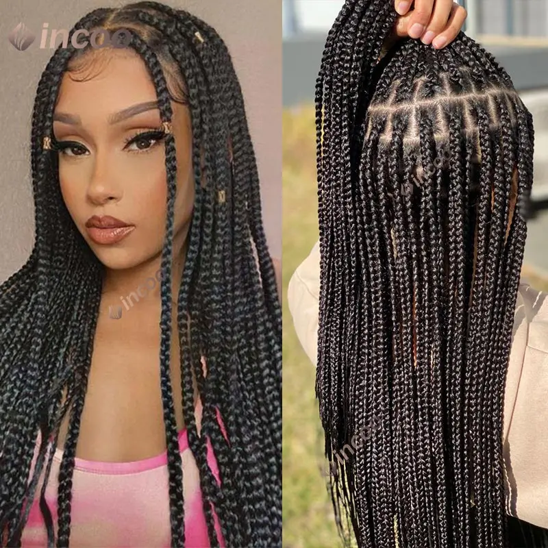 Sintético 36 "pequeno quadrado completo laço trançado perucas frente do laço sem nós caixa trança peruca deusa cornrow para preto feminino falso locs