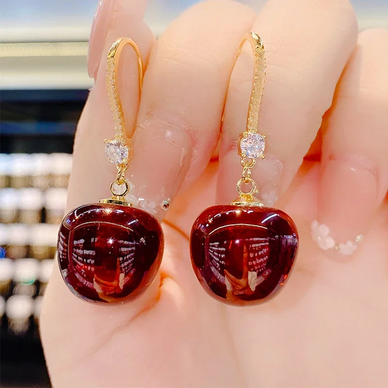 2024 Cute Red Cherry Pendant Gold Color Ear Hook for Women New Fashion Simple Sweet Girls Daily Wear Trend Jewelry Birthday Gift