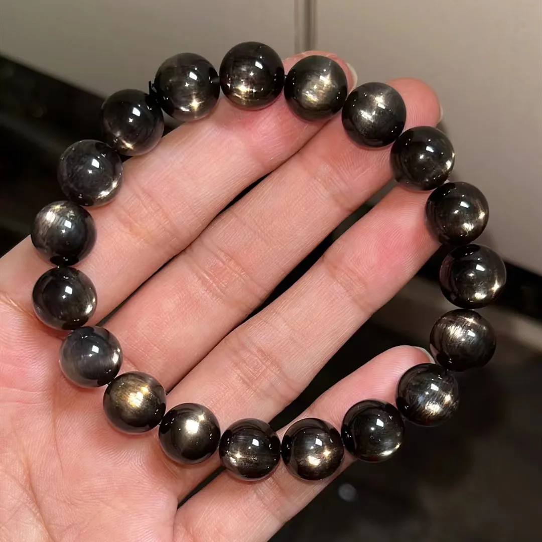 

Natural Black Sunstone Moonstone Big Beads Bracelet Women Men 10.2mm Stretch Flash Light Crystal Clear Round Beads AAAAAA