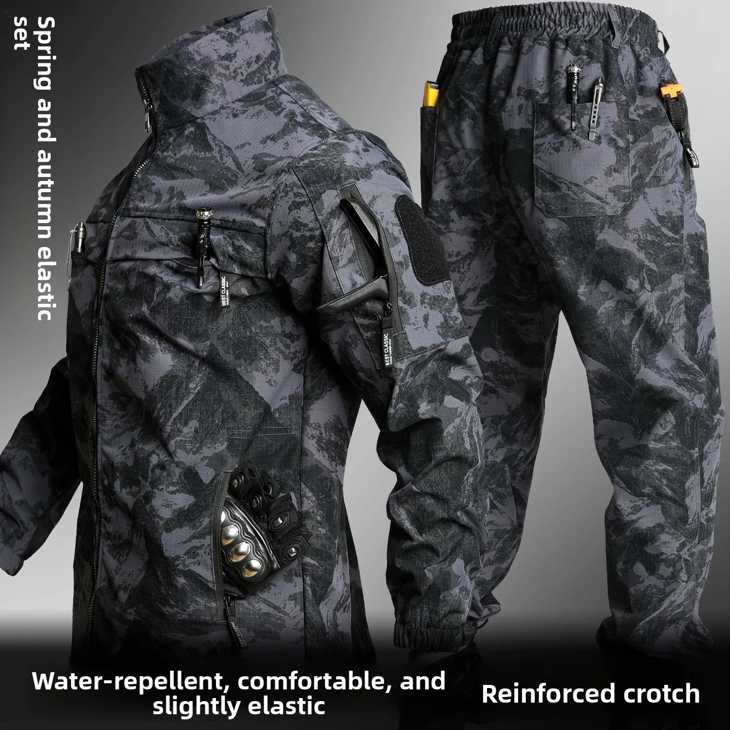 Thickened Camouflage Workwear Set for Men Outdoor Tactical Waterproof Elastic Wear Resistant Construction Site Work Clothes