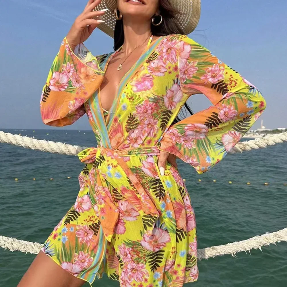 Conjunto de bikini de 3 piezas para mujer, traje de baño sexy de cintura alta para vacaciones de verano con estampado floral, vestido tipo pareo, ropa bohemia vintage para playa