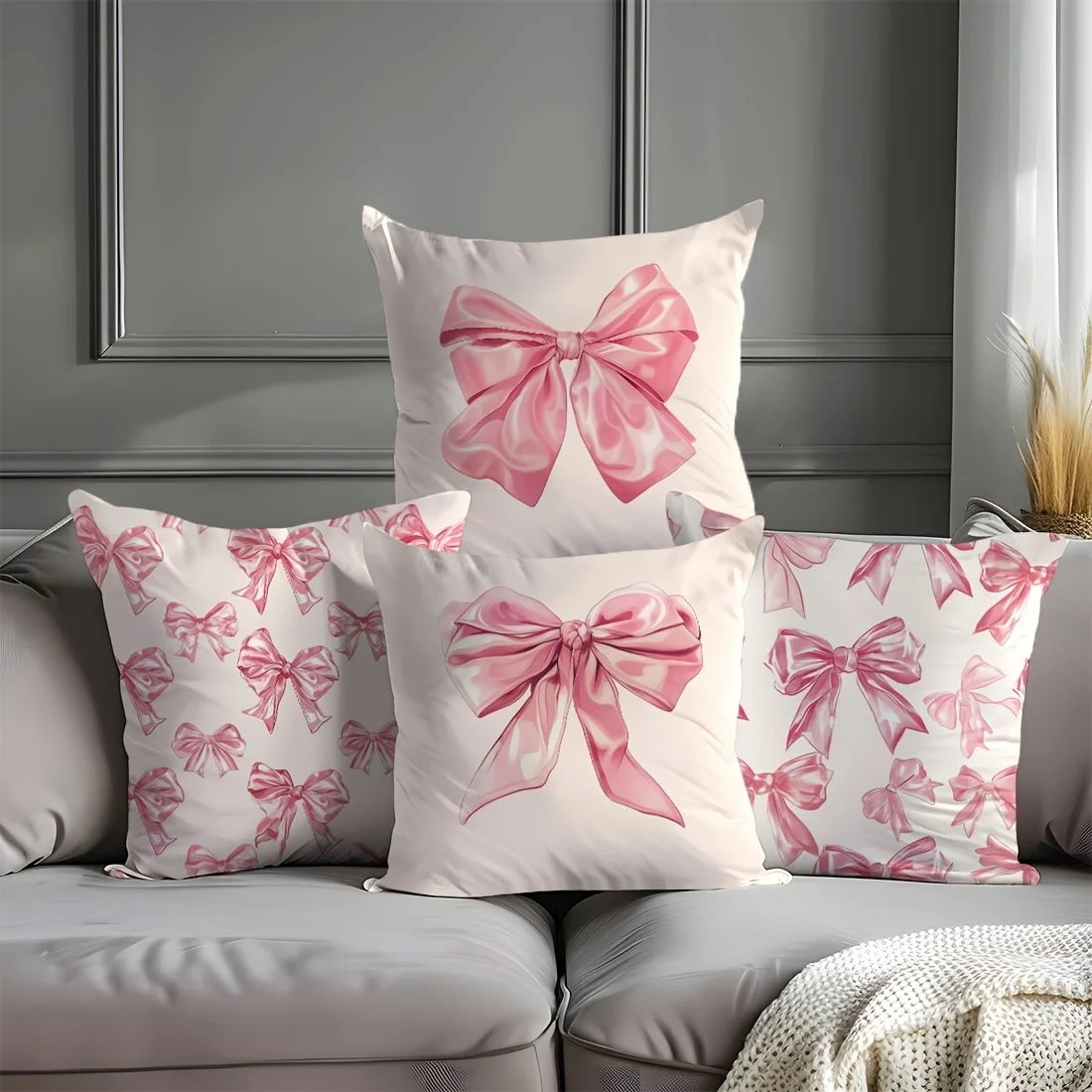 4-Piece Set Of Pink Bow Cushion Cover -17.72X17.72 Inch Hand Drawn Illustrated Pillowcase, 100% Polyester Peach Skin Sofa
