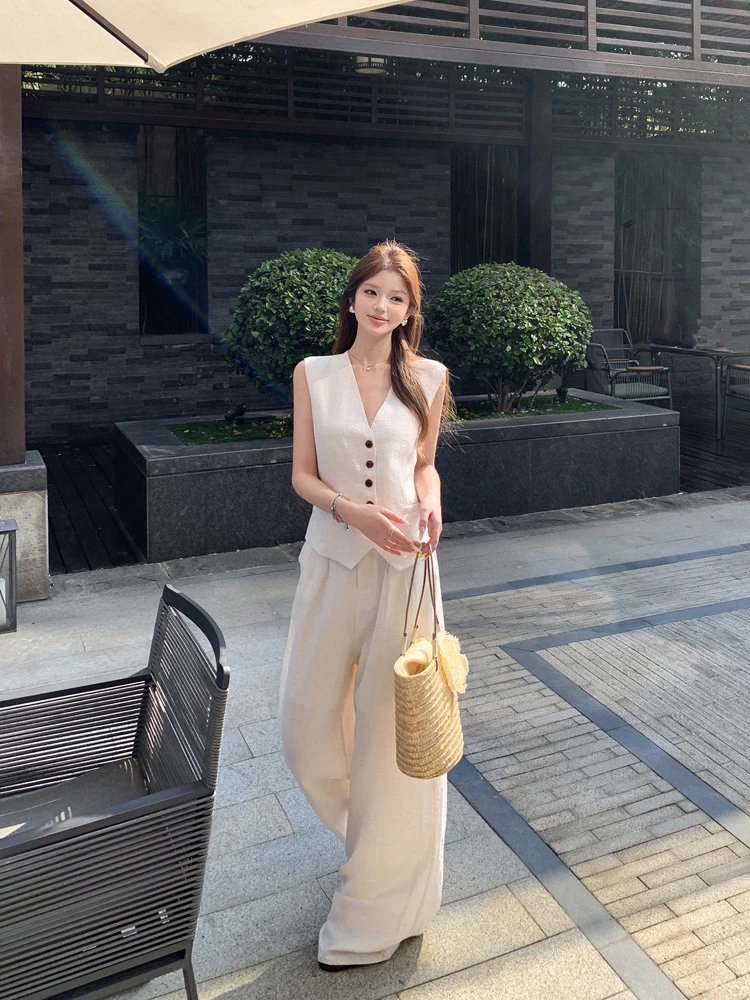 

Elegant V-Neck Tank Top And High Waist Wide Leg Pants Women's Summer Fashion Two-Piece Set Casual Style Mid-Elasticity