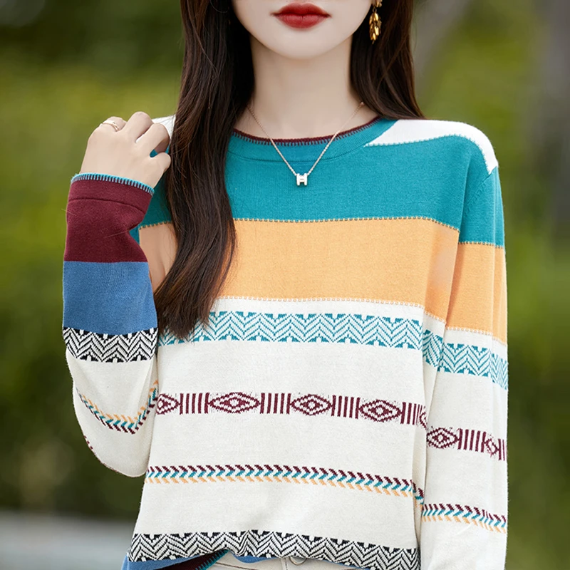 Spring and Autumn New 100% Cotton Sweater Women's Clothing Round Neck Knitted Hoodie Fashion Stripe Contrast Bottom Coat Top