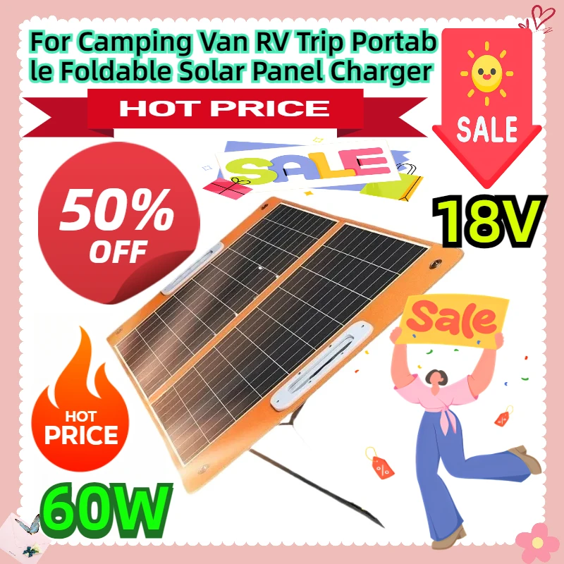 For Phone Tablets on Camping Van RV Trip Portable Foldable Solar Panel Charger with DC Output USB-C QC3.0 18V 60W