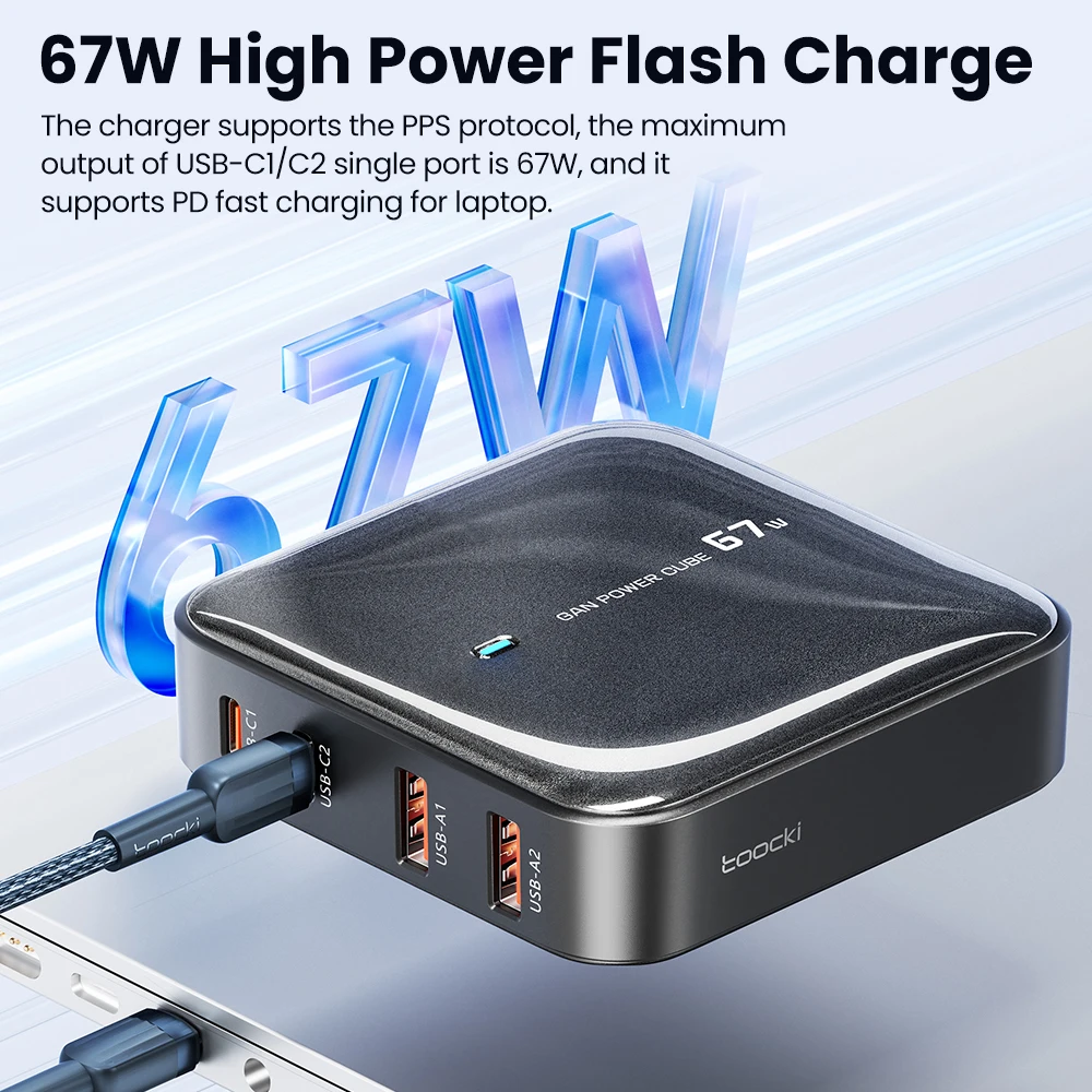 Toocki GaN 67W Charger 4 in 1 USB Type C Charging Station Fast Charging for iPhone 14 13 Samsung S23 Ultra Laptop Xiaomi Huawei