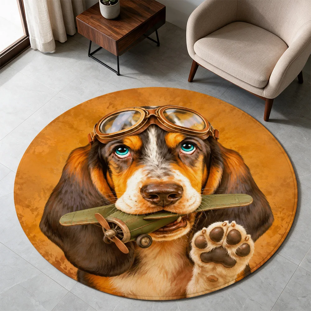 Dog Aviator Steampunk Dog Mat Round Pet Rug Cartoon Puppy Pilot Theme Home Decor Gift