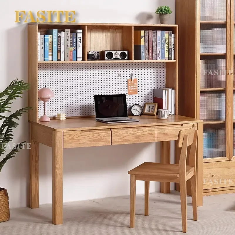 For All Solid Wood Desk Bookshelf Integrated Pure Red Oak Simple Writing Desk Nordic Study Home Office Log Table