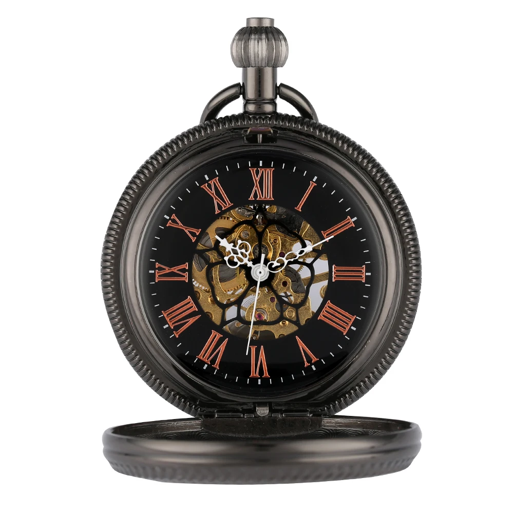 Retro Black Transparent Glass Manual Mechanical Pocket Watch 30 cm Fob Chain Pendant Pocket Clock Roman Numerals Dial Timepiece