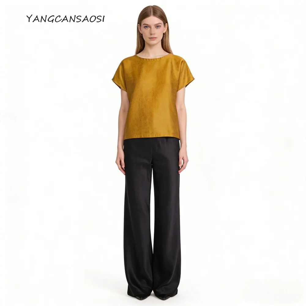 

Golden Turtle Satin T-shirt 2026 Fashion New 100% Natural Mulberry Silk Fragrant Cloud Yarn Women's Round Neck Short Sleeve Top