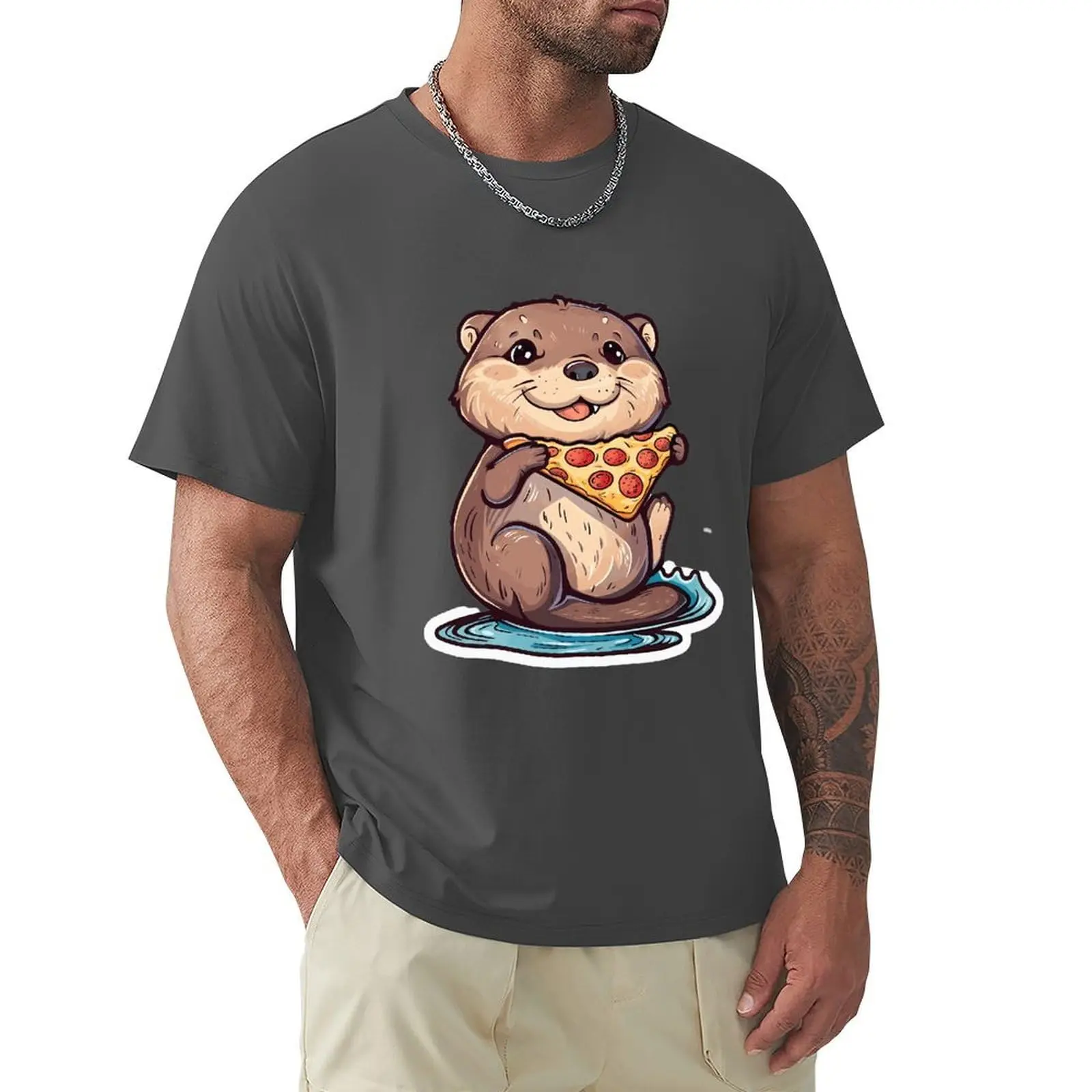 Funny Otter with Pizza Men's Cotton Graphic T Shirts Casual Crewneck Summer Tee TopsGraphic Y2K vintage Luxury High quality bran