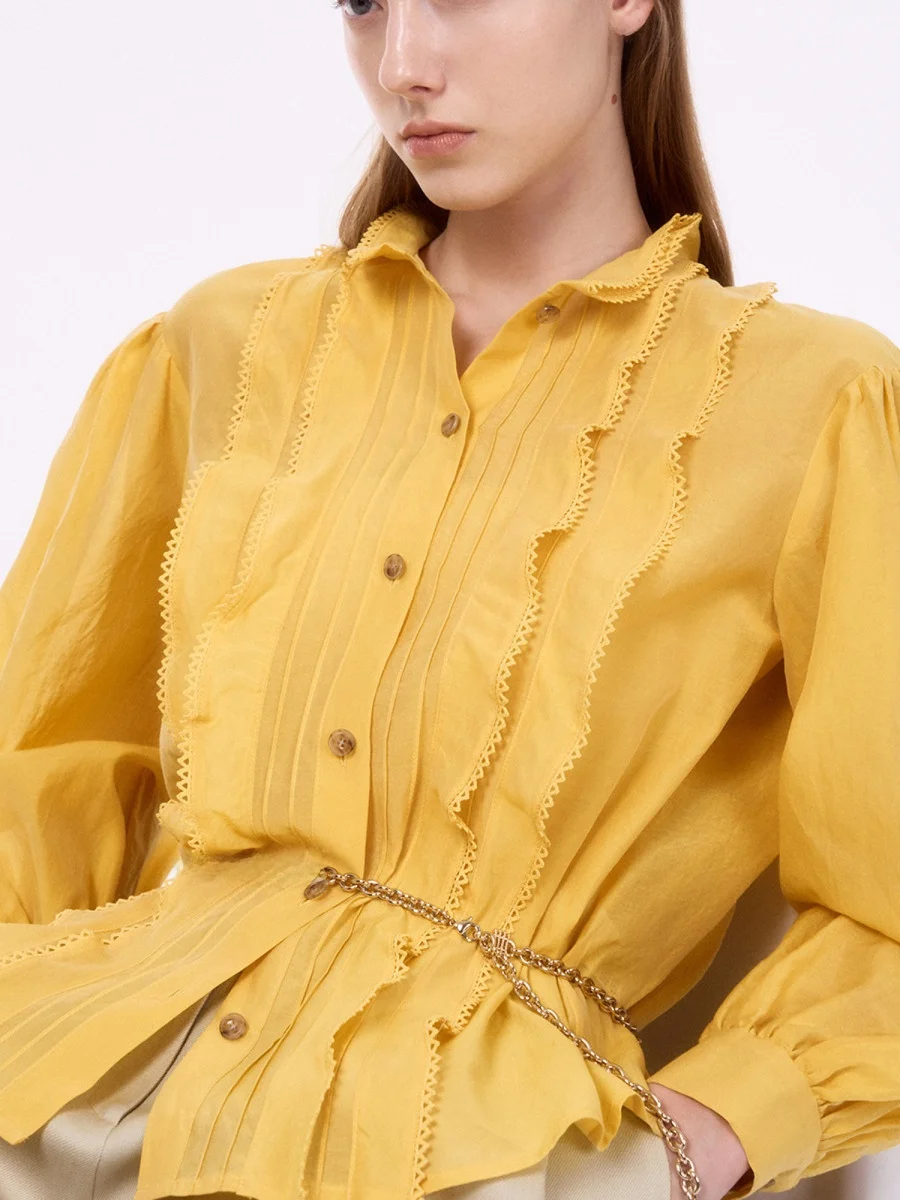 

Romantic Lace Waist Belt Women's irt Spring 2025 Casual Commute Sle Loose Fit Long Sve Pure Color Button Closure