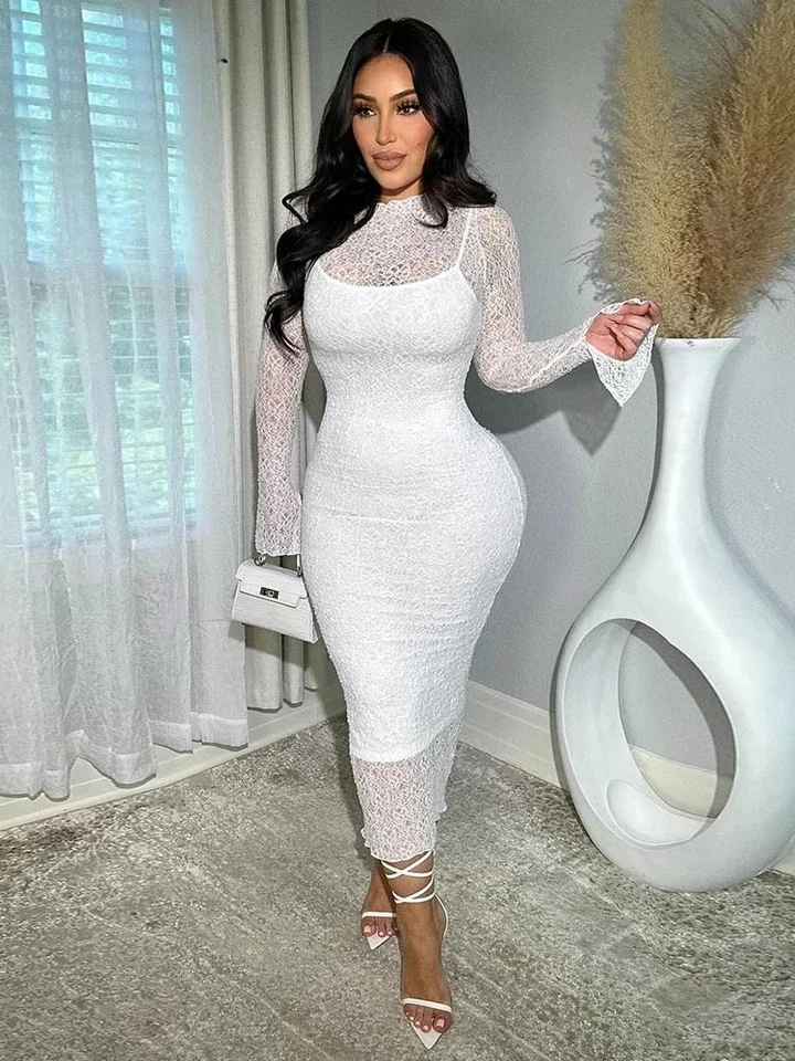 

Women Long Sleeve Midi Dress Lace See Through Summer O-neck Evening Sexy Party Club 2 Pcs Lining Dresses Vestidos