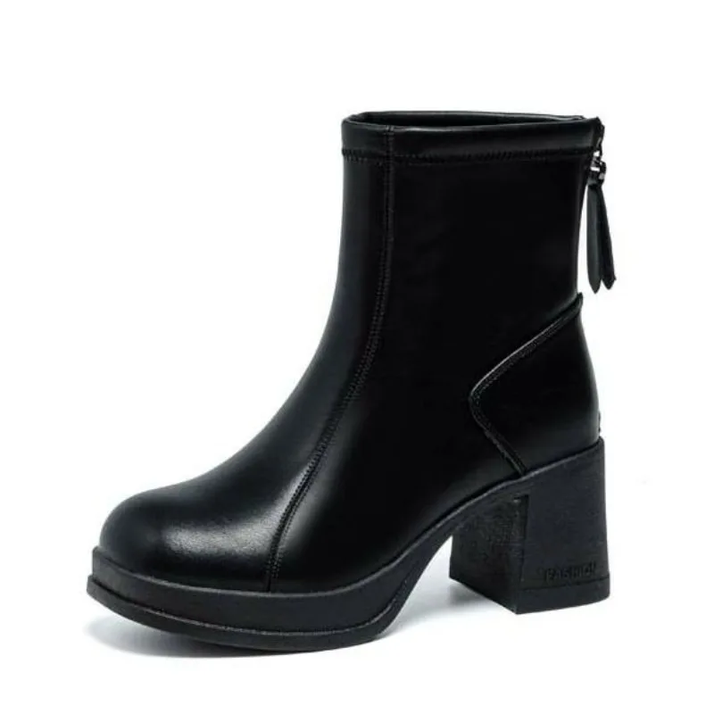 

7cm Autumn Vintage Elastic Slim Women Ankle Boots Fashion Soft Leather Shoes Ladies Elegant Thick Heel Mordern Short Booties