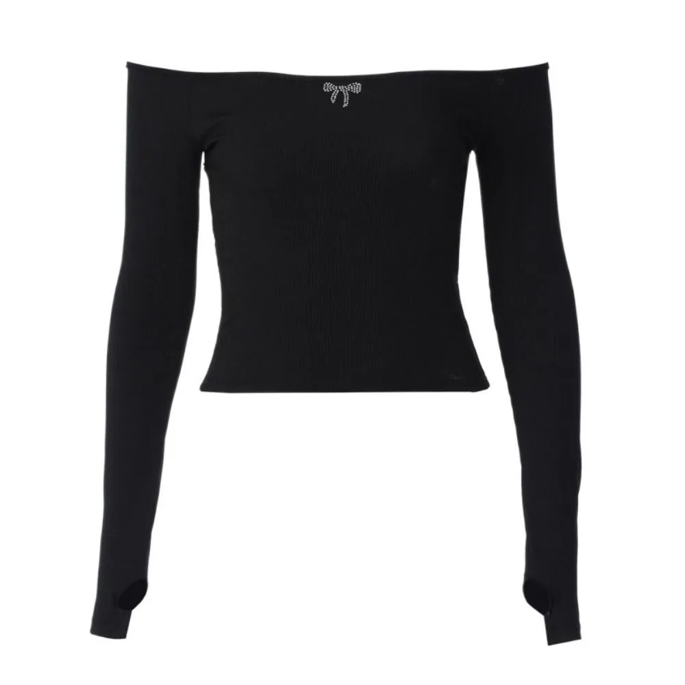 

Elegant Rhinestone Bow Off Shoulder T-Shirt Solid Color Slim Fit Long Sleeve T-Shirt Chic Autumn Base Pullover Tops Autumn