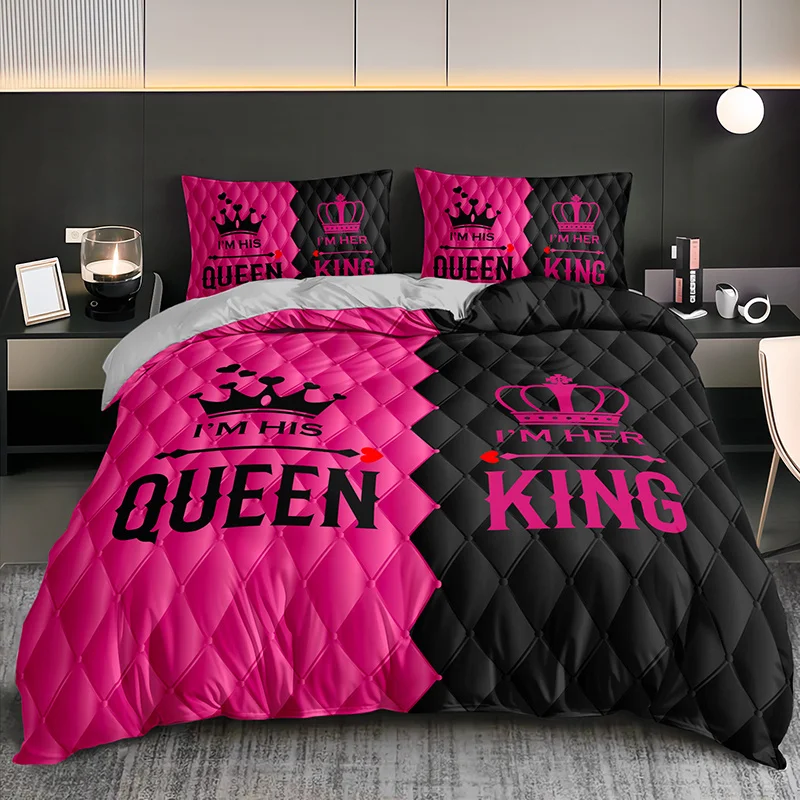 Romantic Heart Crown Couple's Duvet Cover Set King Queen Size All-Season High Definition Print for Home Bedroom