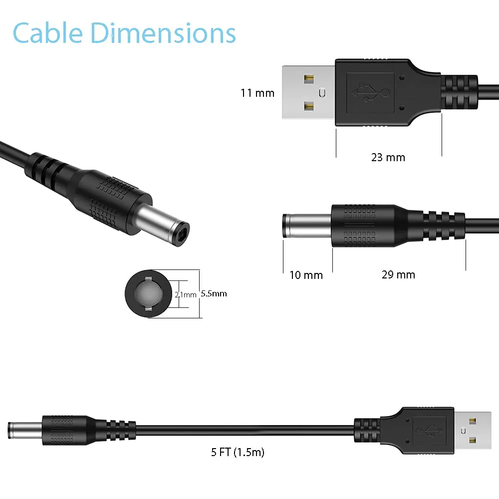 Universal USB to DC 5V Power Cord with 10 Connector Tips Micro USB,Type-C,Mini USB 5.5x2.1 Power Cable Plug Jack Charging Cable