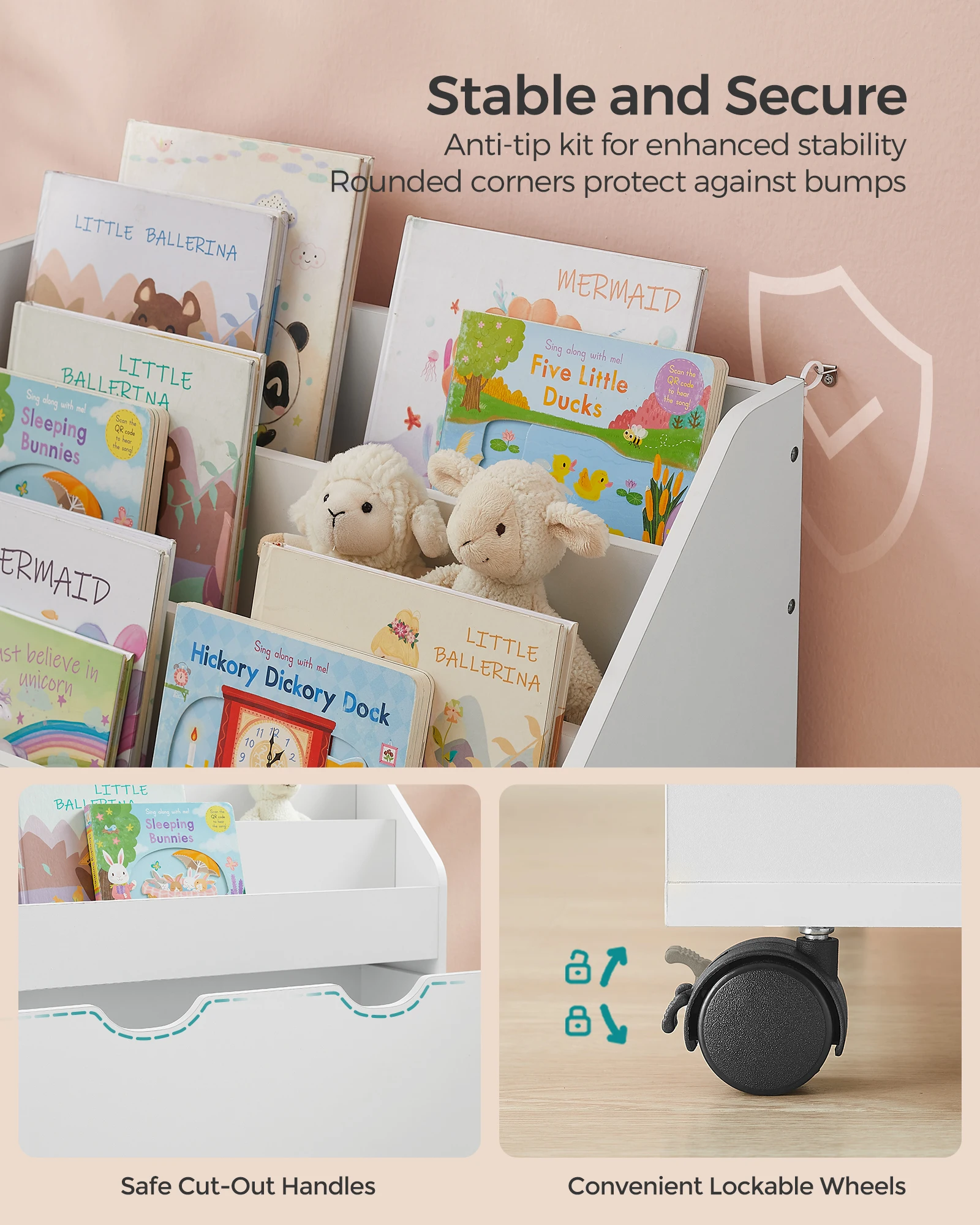 SONGMICS estantería y organizador de juguetes para niños, cofre de almacenamiento de juguetes y librería con 3 estantes, caja de almacenamiento con ruedas, multiusos