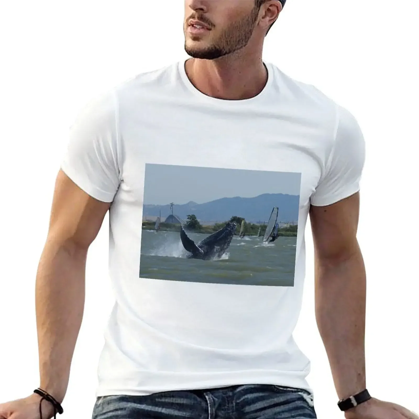 Humpback Whale Breaching by Windsurfers T-Shirt oversized graphic tee custom shirt oversized t shirts for men