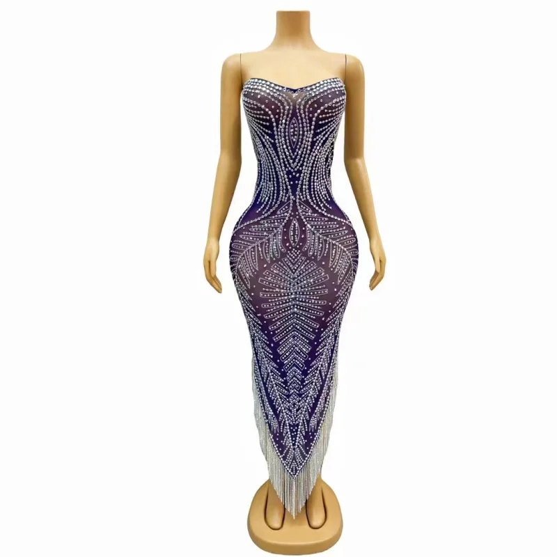 Women Long Dress  Mesh Crystals Rhinestones Purple Performance Clothes Evening Party Celebration Sexy Slin Transparent StageWear