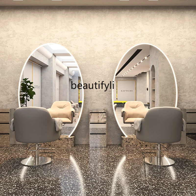 Barber Shop Mirror Single Double-Sided Full Body Floor Mirror with Light Stainless Steel Scissor Hair Mirror Hair Salon