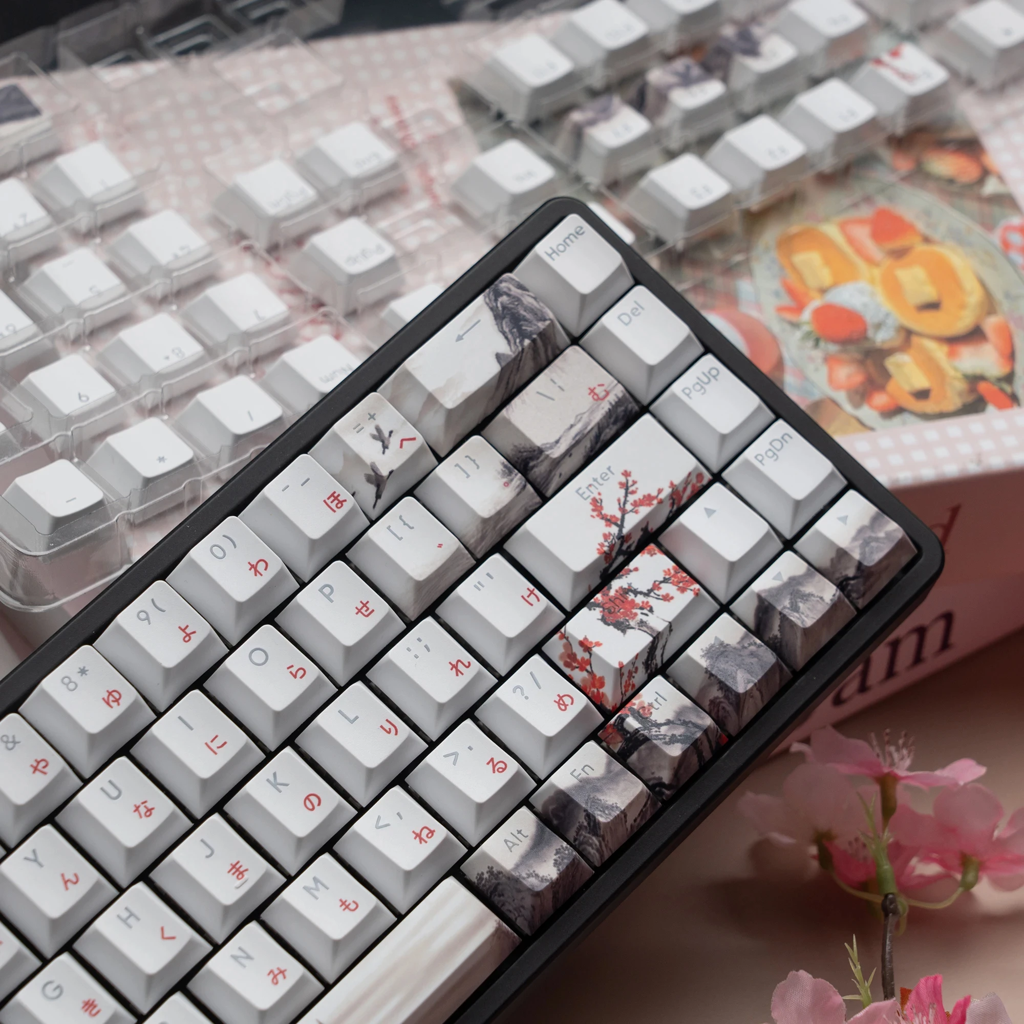 Landscape Plum Blossom Japanese RGB Backlit Keycaps 5 Sides Dye Sublimation PBT Keycaps Cherry Profile for MX Switch Keyboard