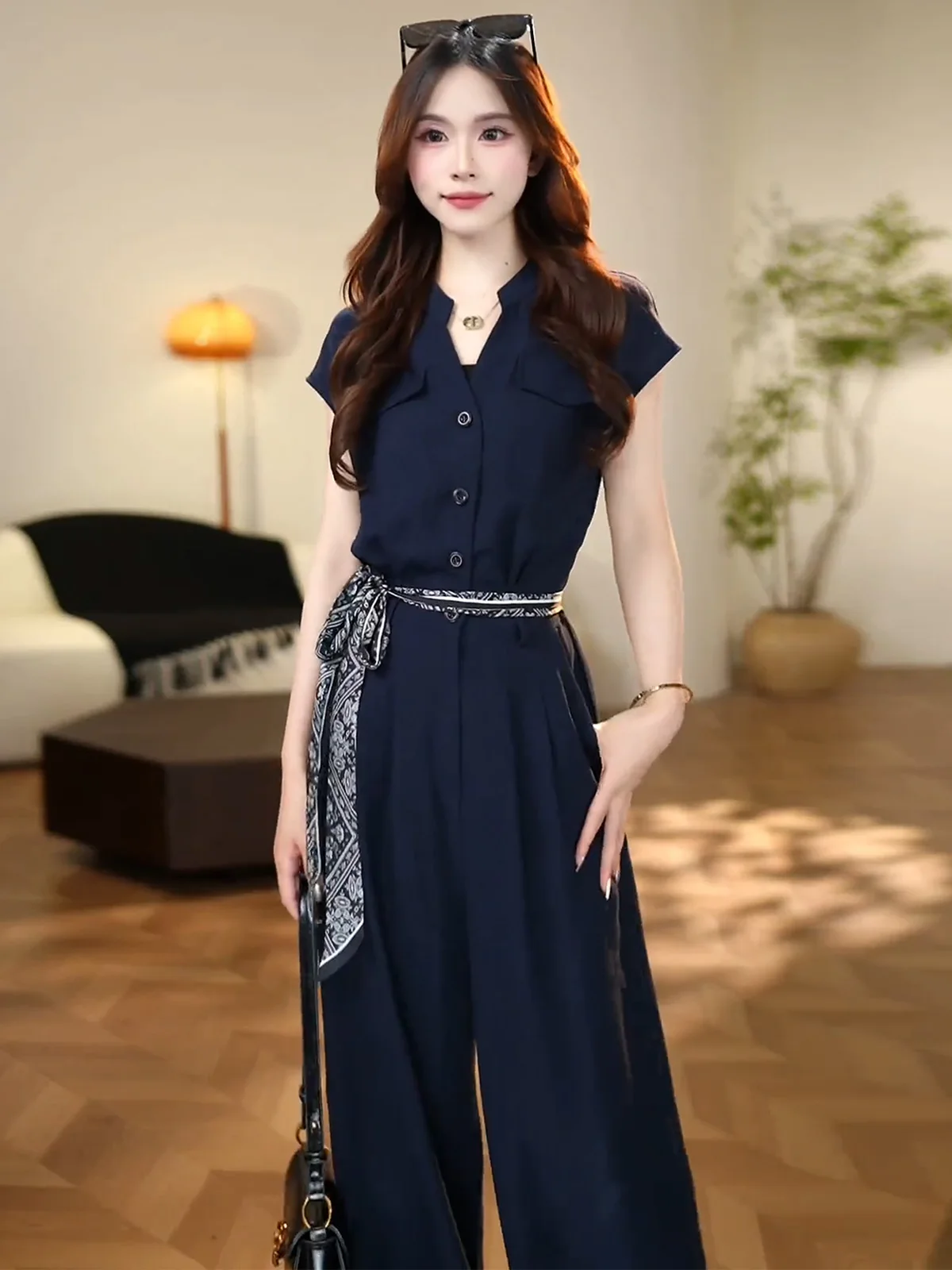 

Korean Sle Slimming Women's Summer V-ne ort Sve High Waist Wide Leg Pants One-piece Suit Casual Faionable Dra