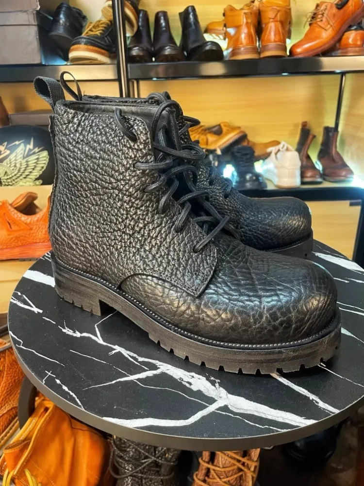 اليدوية الرجال عالية الجودة بوط من الجلد الطبيعي الدانتيل يصل جولة تو البضائع العمل عالية أعلى أحذية الذكور Vintage دراجة نارية أحذية بوت قصيرة #2