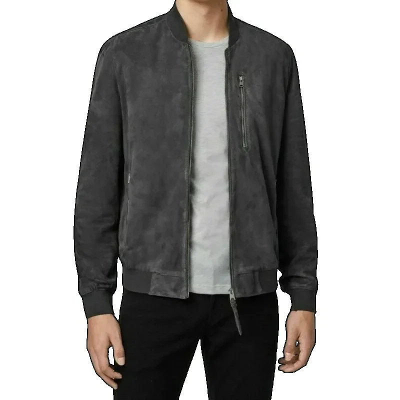 Biker Jacket Men Genuine Lambskin Suede Leather Ribbed Bomber Grey Jacket