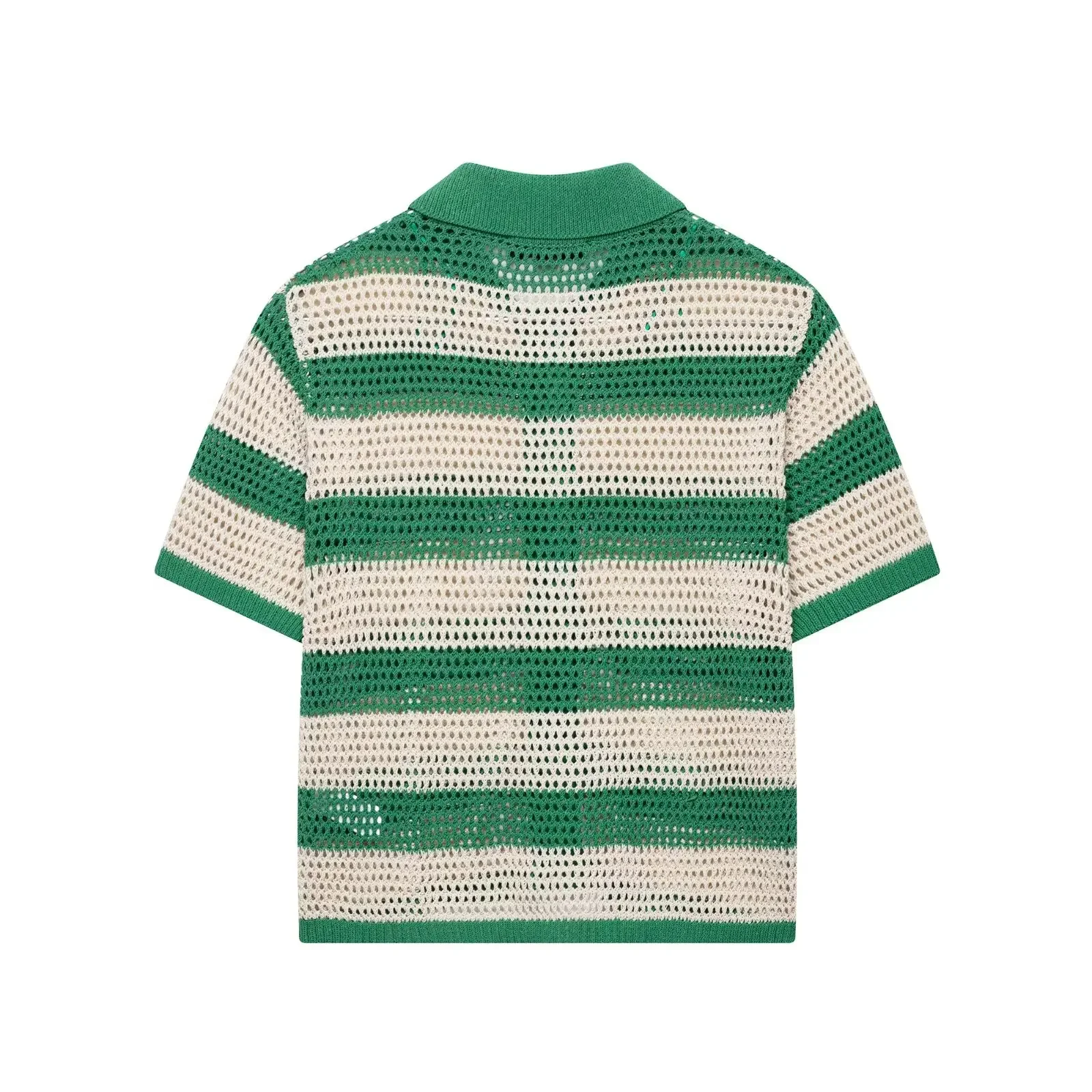 Chic Crochet Short Sleeved Top Striped Knitted Hollow Out Cardigans Women Single Breasted Loose Polo-Neck Tops