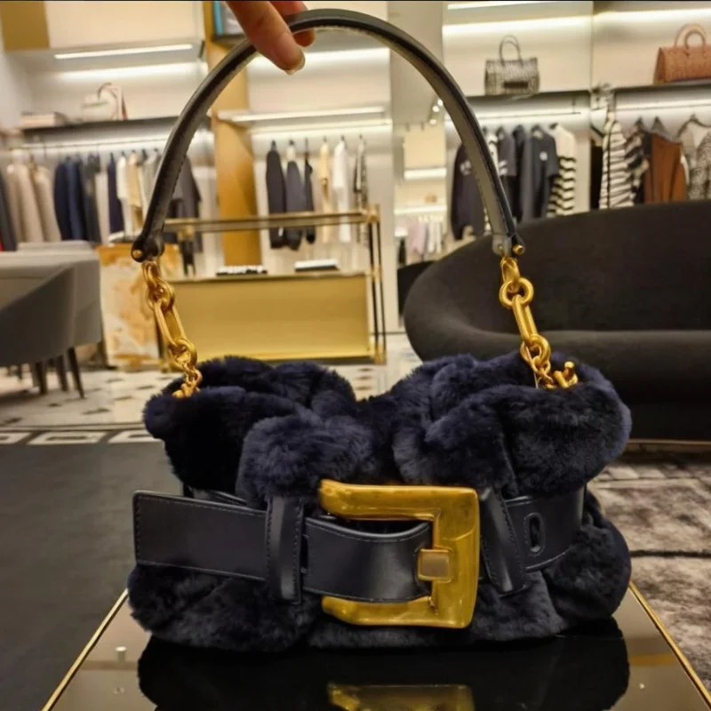 

Luxury Suede Brand Shoulder Bag Leather Buckle Designer Handbag Vintage Faux Fur Underarm Bag Chain Bag Magnetic Clasp Wallet