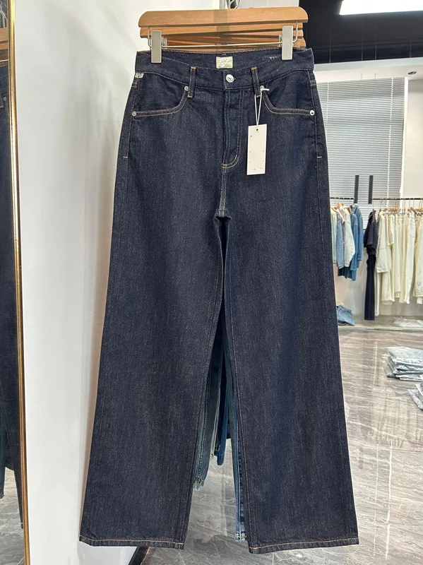 제니&데이브 패션 여성 청바지 여성 데님 바지 여성 의류 하이웨이스트 네이비 색바램 방지 여성 스트레이트 진