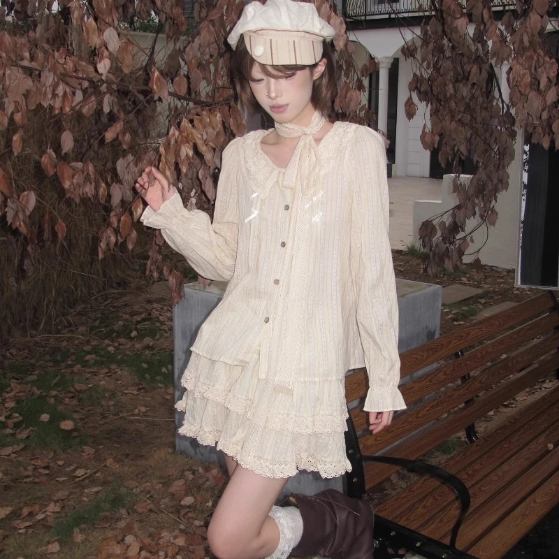 American Retro Apricot Sweet Bow Doll Collar Women's Top Autumn New Loose Slimming Versatile Temperament Short Skirt Set Ladies