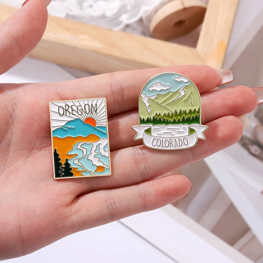 Landscape map brooch sunset river architectural swimming pool Brooch Collar Hat Pin Decoration Lapel Badge Music Lovers Fans Gif