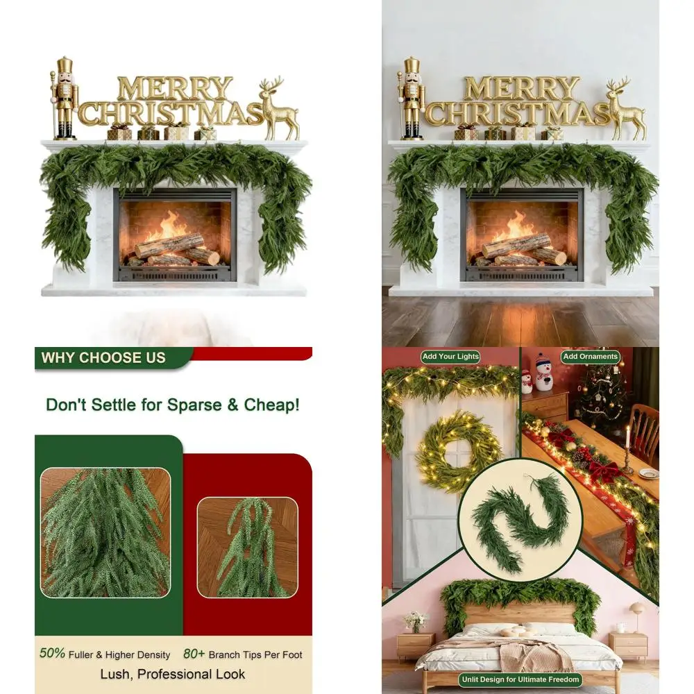 

12-футовая двухслойная искусственная рождественская гирлянда Norfolk Pine, плотная и плюшевая, неразветная для праздничных дверей, каминной и лестницы