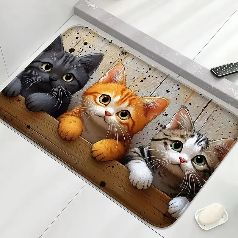 VIKAMA Cute Cat Bathroom Floor Mat Three Kittens Peek over Wooden Edge Cartoon Rug Absorbent Washable Soft Cozy Home Decor