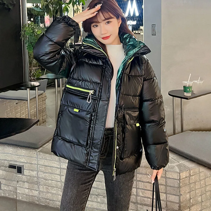 New Women, No-wash Glossy Down Cotton Jacket Korean Long Padded Cotton Coat, Thicke Warm Winter Female Hooded Parker Overcoat