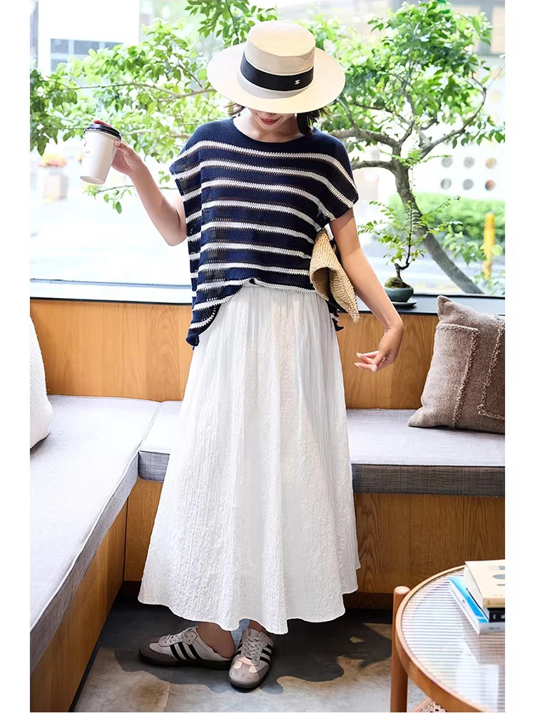 

Ele Versatile Folded Texture High Waist A-Line Umbrella Skirt Ningxia Office Commute Sle Cotton Casual Silk f-length