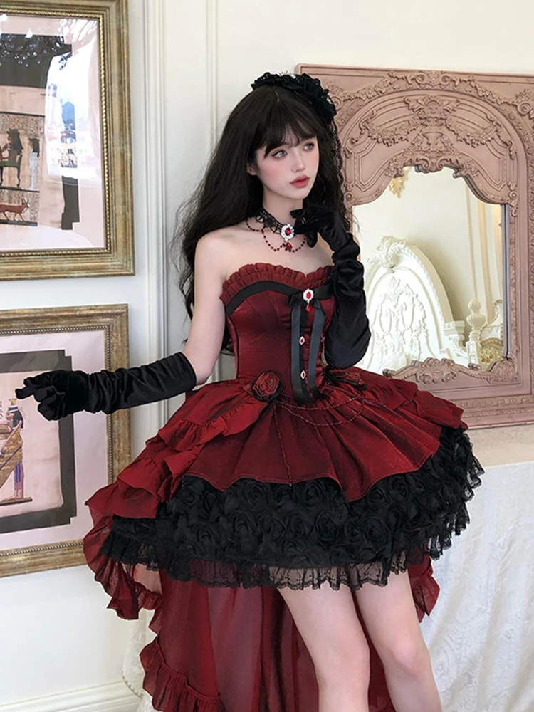 Robes de princesse gothiques rétro élégantes, sans manches, épaules dénudées, nœud, fleur 3D, chaîne de perles, taille haute, Mini robe moelleuse Lolita pour femmes