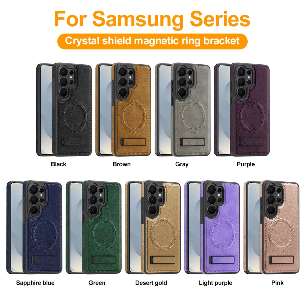Magnetic Bracket Phone Case For Samsung Galaxy S26 S25 Ultra Plus S24 FE Edge 5G PU Leather Shockproof Cases Magnetism Charging