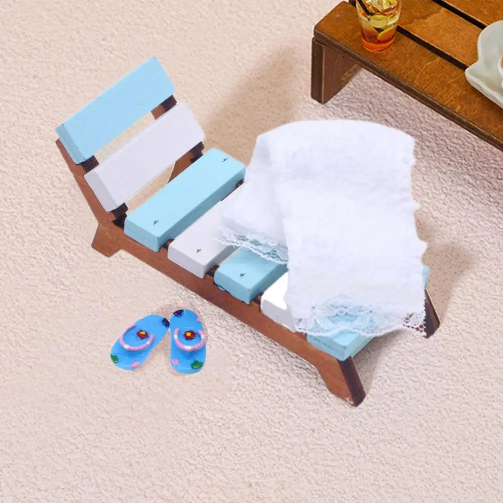 1 Set Dollhouse Miniature Sauna Kit Mini Wooden Deck Chair Towel Slippers Basket Bucket Plants Model Summer Beach Scene Decor