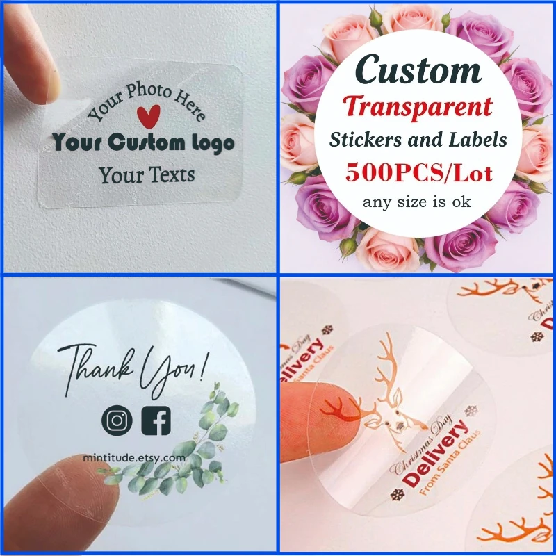 

500pcs Custom Stickers Transparent Labels Transparent Stickers White Seal Labels Birthday Wedding Personalized Gift Box Stickers
