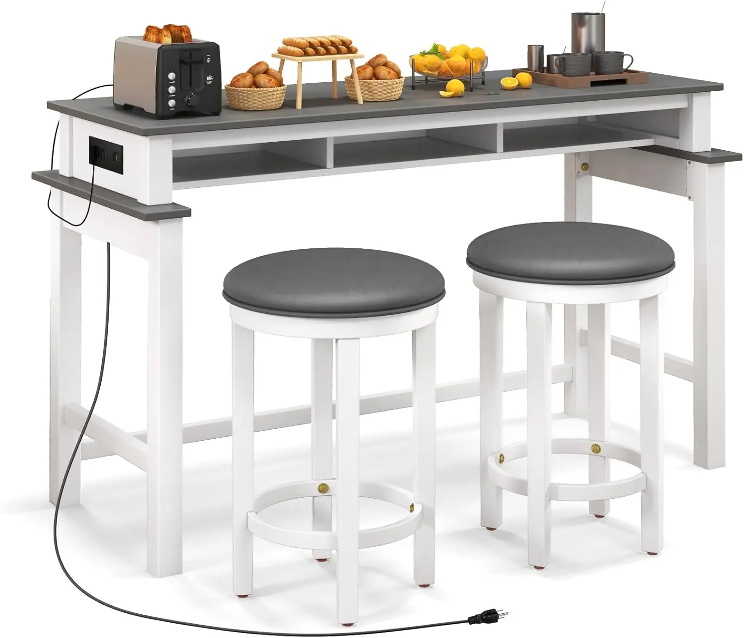 Giantex Small Dining Table Set For 2 - Bar Table And 2 Bar Stools, Sofa Table With Outlets, Usb Ports, Breakfast Nook Table