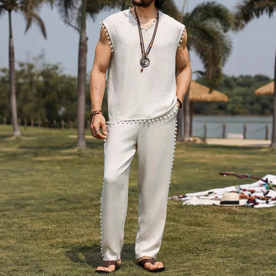 

2025 new fashion men's hot-selling versatile solid color fur ball decoration sleeveless vest pants set best-selling solid color