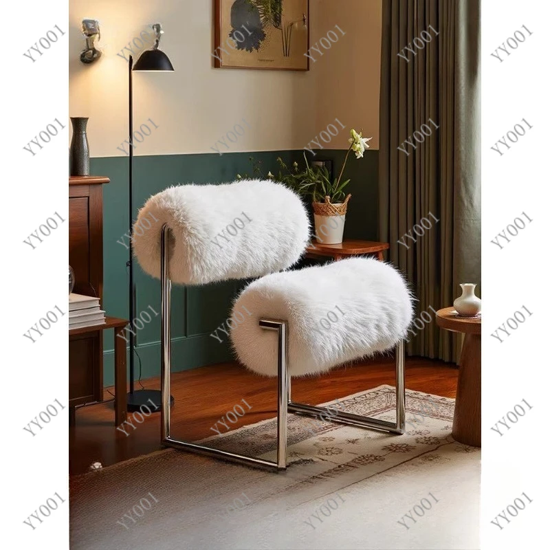 Vintage Designer Single Chair Minimalist Stainless Steel Faux Wool Leisure Sofa Chair Home Furniture