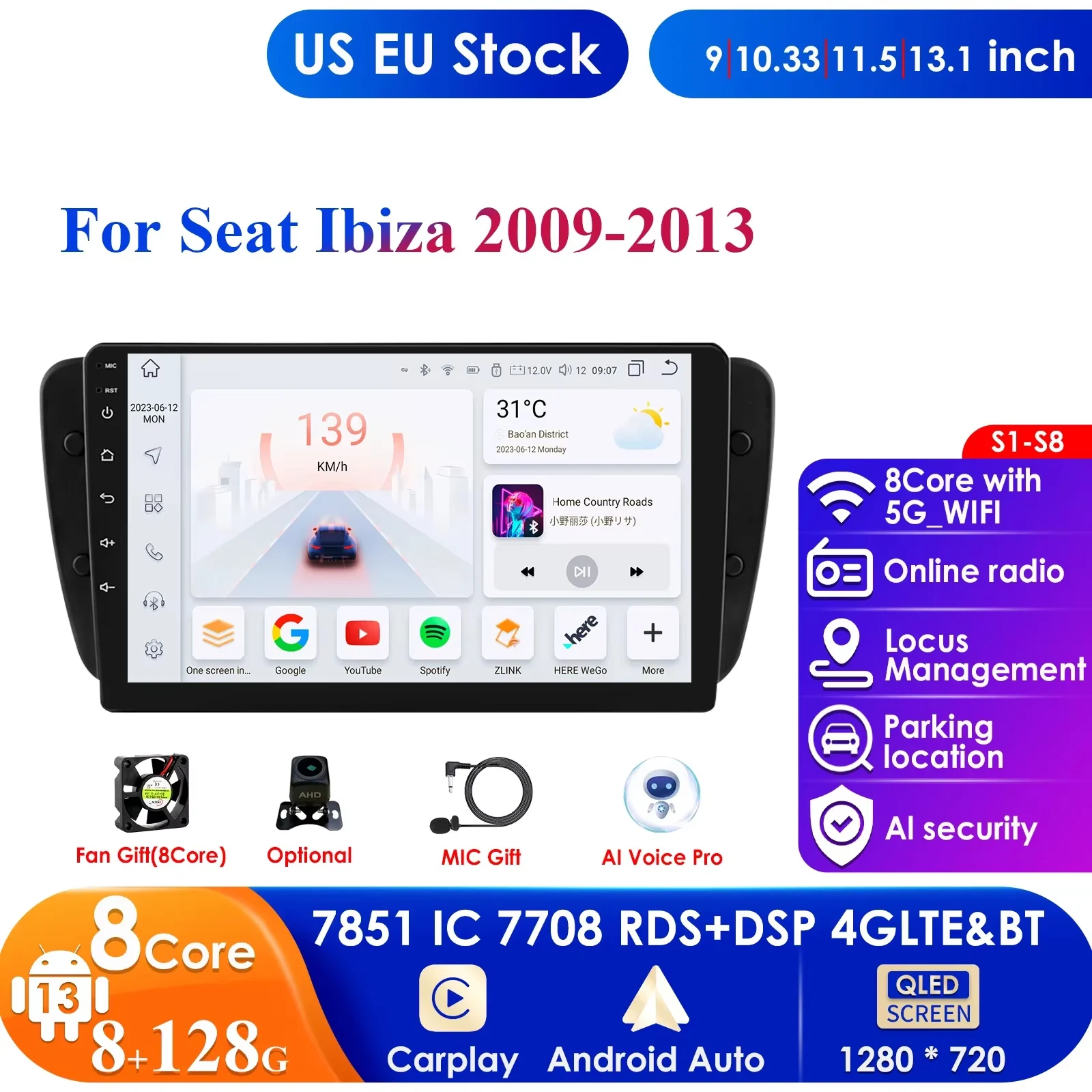

7862 AI System Carplay Android Radio for Seat Ibiza 6j 2009-2013 2010 4G Car Multimedia GPS 2din Autoradio Head Unit DSP DAB RDS