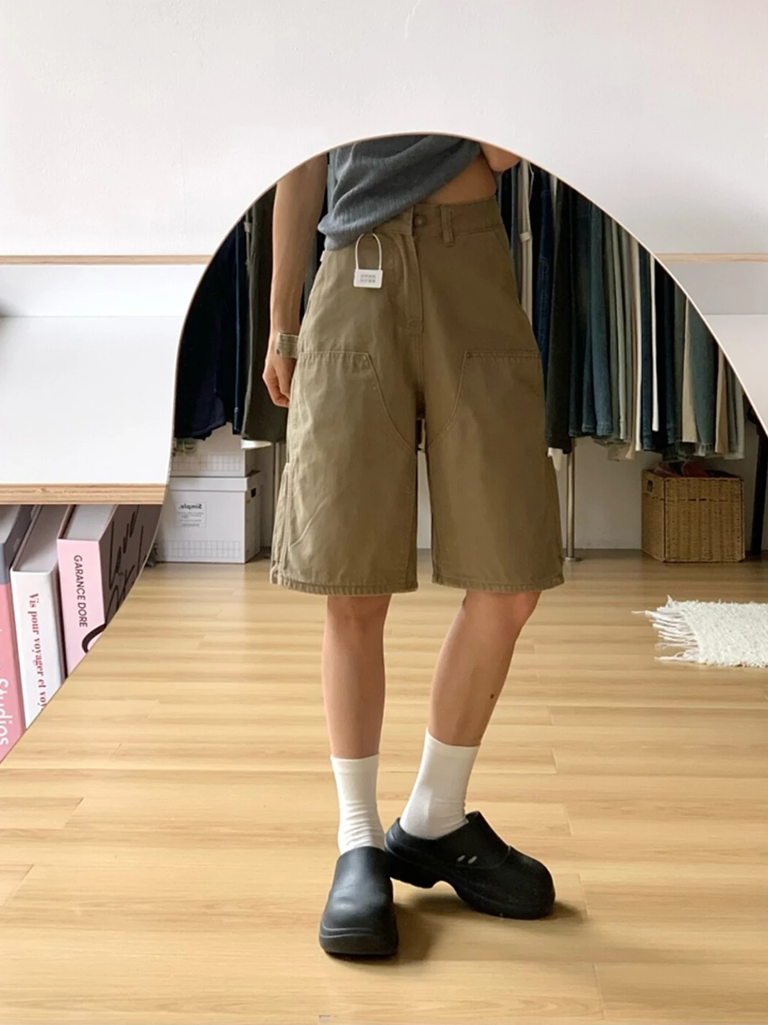 

Американская рабочая одежда цвета хаки в стиле ретро, женские летние повседневные джинсы с высокой талией и широкими штанинами, с пятью точками