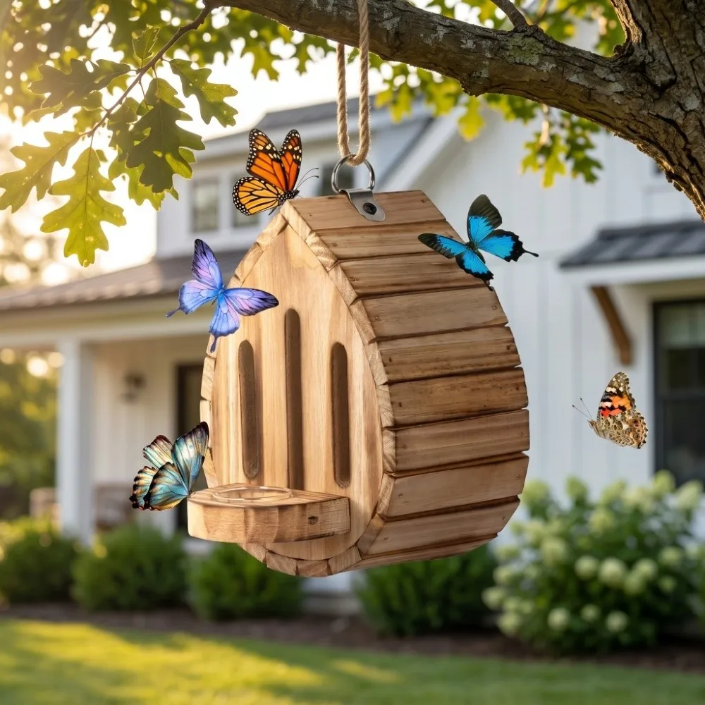 Home Decor Wooden Butterfly House Natural Habitat Hanging Pollinator House 2In1 Decorative Bee Nesting Box Patio
