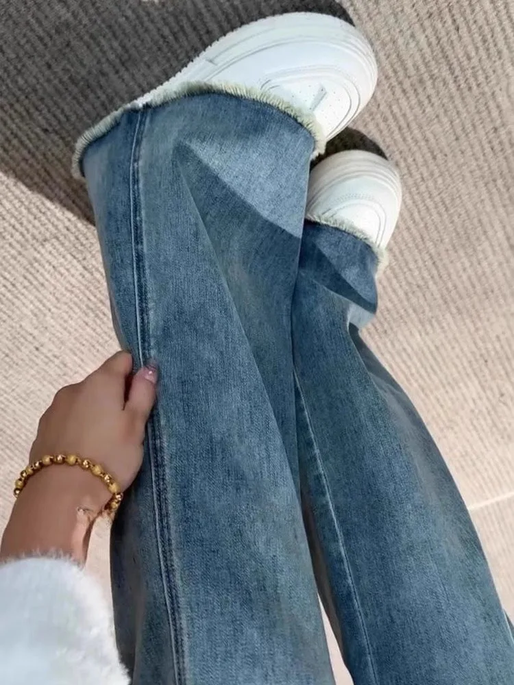 Light Blue Frayed Hem Flared Jeans Women's Elastic High Waist Bell Bot Pants Casual Sle Long Zipper Closure Denim Jeans