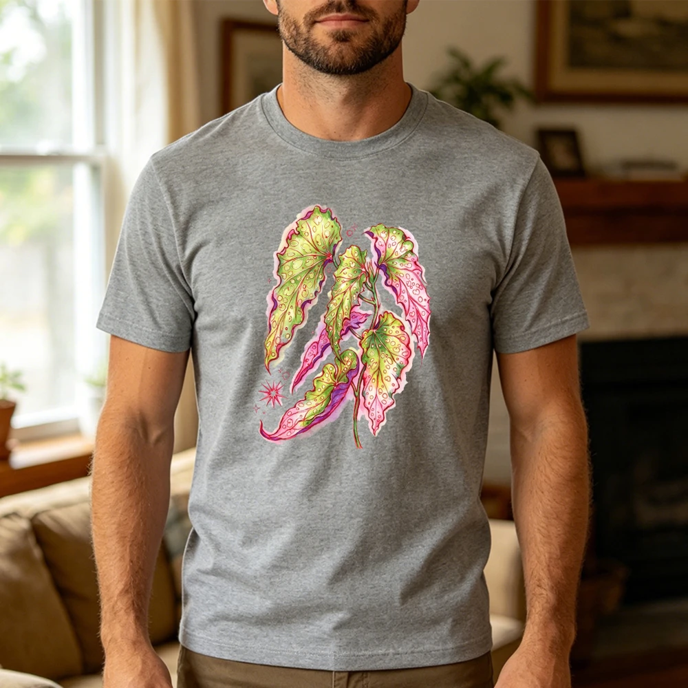 Pink Green Botanical Caladium Leaves Men T Shirt Summer Tropical Plant Lover Tee Vibrant Floral Foliage Pattern Tees